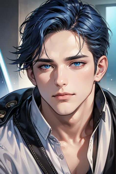 (best quality,4k,8k,highres,masterpiece:1.2),ultra-detailed,(realistic,photorealistic,photo-realistic:1.37),30 year old man,3 day beard,handsome anime,portraits,strong,masculine,dark blue hair,sharp jawline,mesmerizing eyes,perfectly styled hair,short hair...