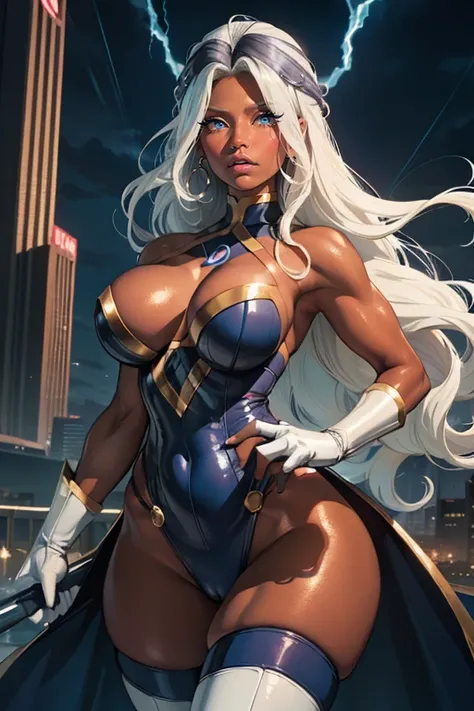 best quality, 1girl, mature woman, storm x-men, ((((tall)))) ((dark skin)), (small breasts), chubby, (muscular legs), long ((curly)) white hair with bangs, Storm, also known as Ororo Munroe, Marvel character, exposed shoulder (floating in the air), huge li...