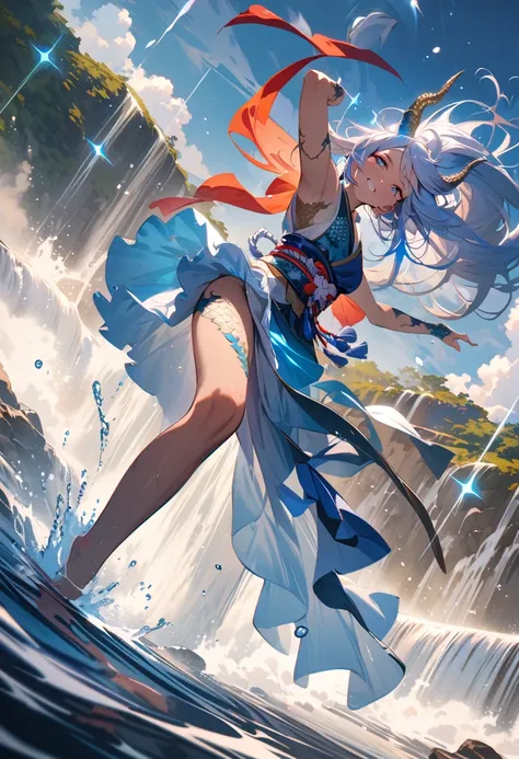 (masterpiece, best quality:1.1),
(ultra highres, ultra-detailed:1.2) ,Japanese Mythology,She has dragon scales on her skin,Dragon Horn,dancing in waterfall,Splash,dynamic angle,(blue sparkle:1.2) ,whole body,