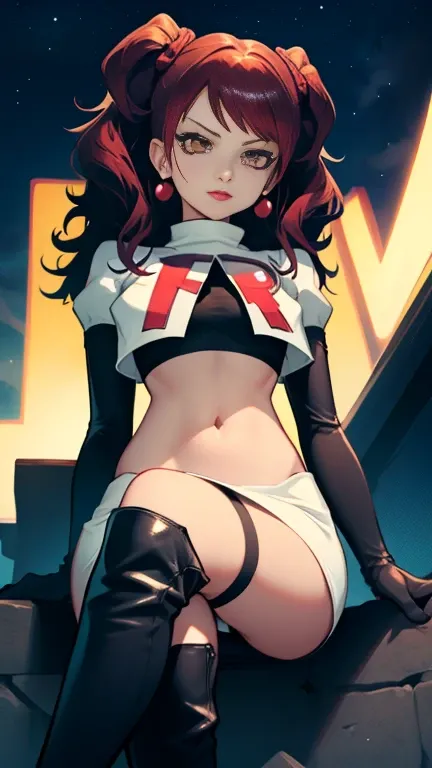 Rise Kujikawa (Persona) ,earrings ,lipstick, eye shadow ,team rocket uniform, red letter R, white skirt,white crop top,black thigh-high boots, black elbow gloves, evil villianess look, looking down on viewer, sitting ,crossed legged, night sky background