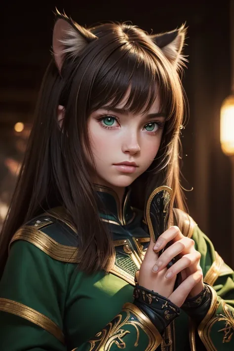 (((medium full shot))), (best quality, ultra-detailed:1.3), (nice hands, perfect hands), official art, cinematic light, (1girl:1.3), furry girl, sabre cat girl, brown hair, green eyes, semi-animal girl, portrait