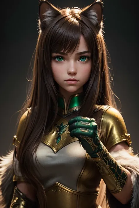 (((medium full shot))), (best quality, ultra-detailed:1.3), (nice hands, perfect hands), official art, cinematic light, (1girl:1.3), furry girl, sabre cat girl, brown hair, green eyes, semi-animal girl, portrait