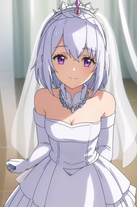 ((Best quality))),((Ultra-detailed)),((illustration)),((Disheveled hair)),((frilld)),(1 girl),(Solo), 1girl,solo,rating:safe,wedding,bare_shoulders,breasts,bridal_gauntlets,bridal_veil,cleavage,clothing,crown,curtsey,dress,drop_earrings,earrings,elbow_glov...