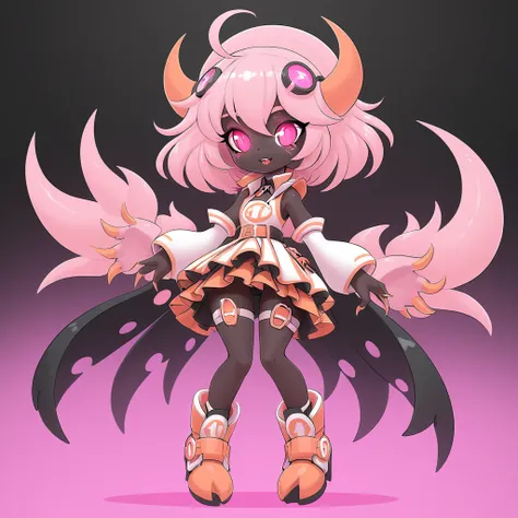 horseshoe crab monster girl ebony black skin and hair, glowing pink eyes brown shell pale-orange claws and face claws and wearin...