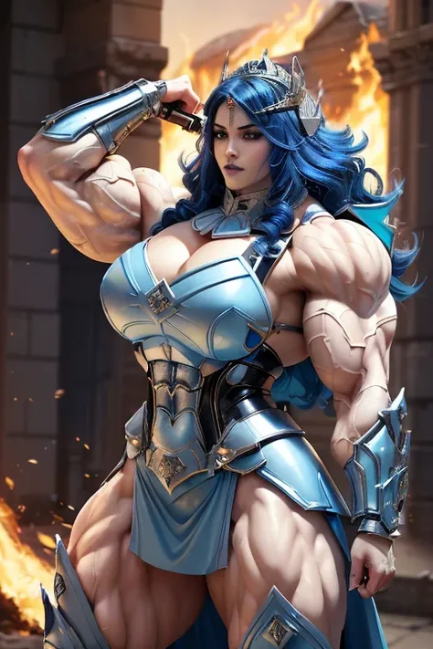 (((Massive, beautiful, buff, pale white skinned, muscular warrior princess with royal blue hair, black lipstick, ginormous bulky muscles, welding a fire sword and wearing a beautiful long armored royal blue warrior princess dress))), {close view}, vascular...