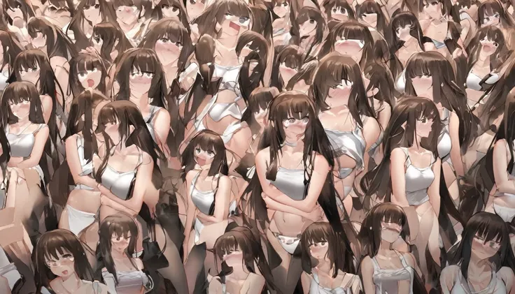 A crowd of clone girls wearing sleeveless white underwears, sleeveless White tank top underwear,sleeveless White camisole underwear, White panties underwear,leather shoes and shoulder bags commuting to work,Everyone in the same underwear,multiple clone gir...