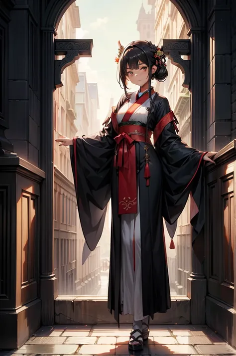 standing straight symmetrical, full body, solo girl looking to the camera, Female tiefling dark hair bright skin, A girl 14 years old, Medieval European aristocracy, 1girl, (hanfu), glowing, sidelighting, wallpaper,