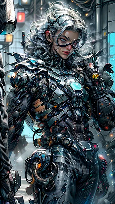 realista, obra-prima perfeita, alta qualidade, high resolution, A mais alta qualidade de imagem, 8k hd 1 garota, 
longos cabelos roxos escuros, olhos amarelos, olhos brilhantes, parted lips, corar, 
cyber suit, Saia longa mecha, vestido blindado, masks, Ca...