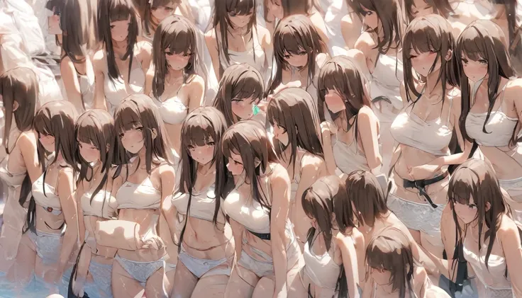 A crowd of clone girls wearing sleeveless white underwears, sleeveless White tank top underwear,sleeveless White camisole underwear, White panties underwear,leather shoes and shoulder bags commuting to work,Everyone in the same underwear,multiple clone gir...