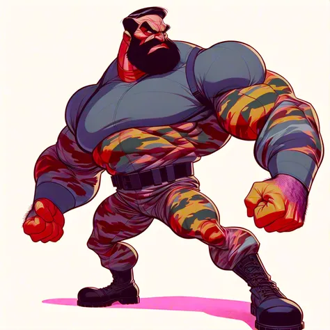 Bluto (popeye the sailor villain Bluto, bearded), 1960s animated hand drawn cartoon rotoscope, wearing Tight Combat Suit, Tight urban camo navy Combat Suit, too tight,  (full roygbiv color) ink charcoal expressive illustration, no light source, darkness, l...