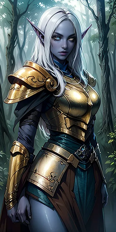 masterpiece, best quality, CG, wallpaper, HDR, high quality, high-definition, extremely detailed, drow, colored skin, dark elf, blue skin, grey skin, pointy ears, cape, armor, looking at viewer, 1girl, forest, dark forest, mythical forest, dimmed light, br...