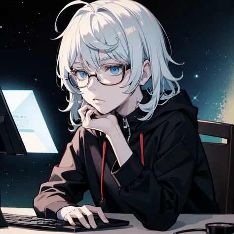 programmer，Computer，decadent，His face turned pale，agony，male people，With black-framed glasses，solo person，the night