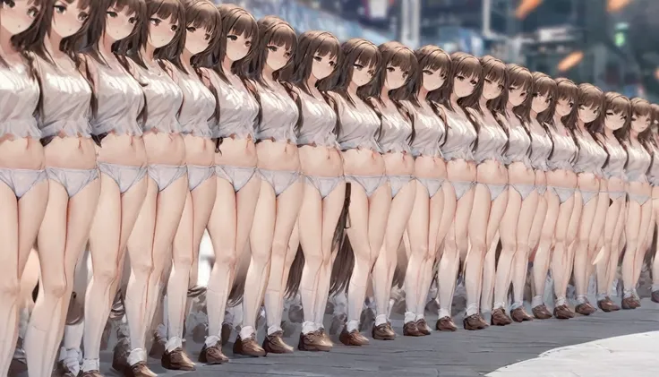 A crowd of clone girls wearing sleeveless white underwears, sleeveless White tank top underwear,sleeveless White camisole underwear, White panties underwear,leather shoes and shoulder bags commuting to work,Everyone in the same underwear,multiple clone gir...