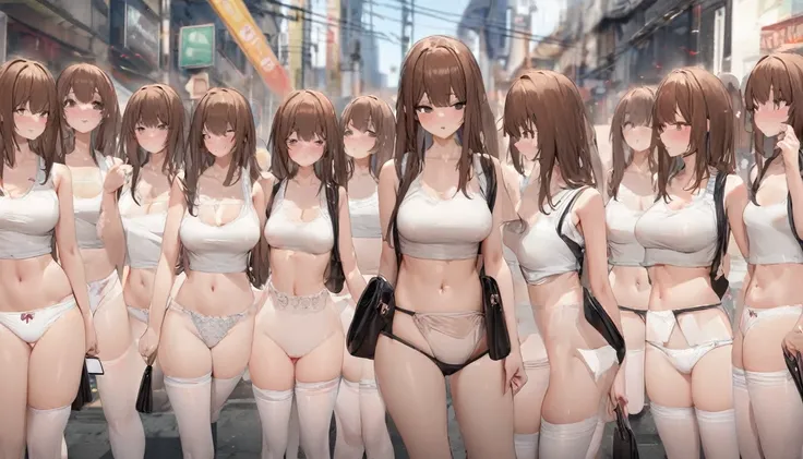 A crowd of clone girls wearing sleeveless white underwears, sleeveless White tank top underwear,sleeveless White camisole underwear, White panties underwear,leather shoes and shoulder bags commuting to work,Everyone in the same underwear,multiple clone gir...