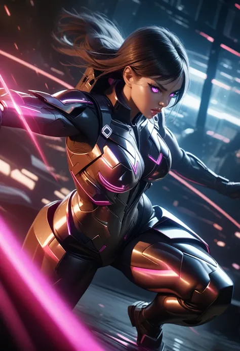 combat suit, thigh, transparent, fight stance, beautiful detailed eyes, beautiful detailed lips, extremely detailed eyes and face, long eyelashes, muscular female body, dynamic action pose, complex futuristic armor, shiny reflective materials, neon glowing...