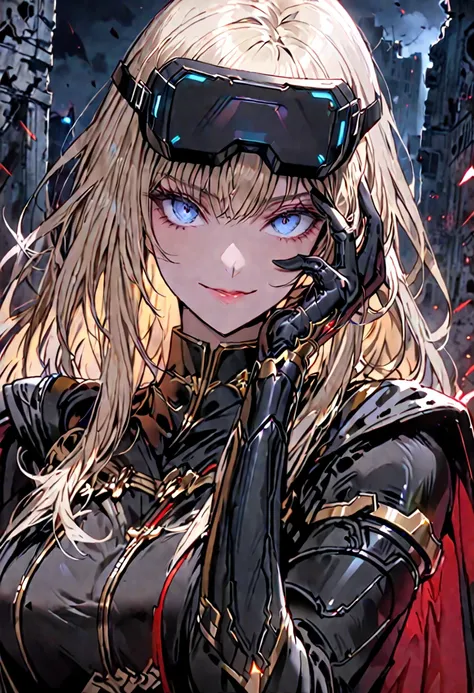 solo, female, sfw, medium shot, huge woman, extremely tall woman, blue eyes, blonde, long hair, black uniform, ((black armor)), black cape, gold trim, red trim, muscular, ruins, smile, military cap, one hand on face, yandere pose, baggy breeches, broad sho...