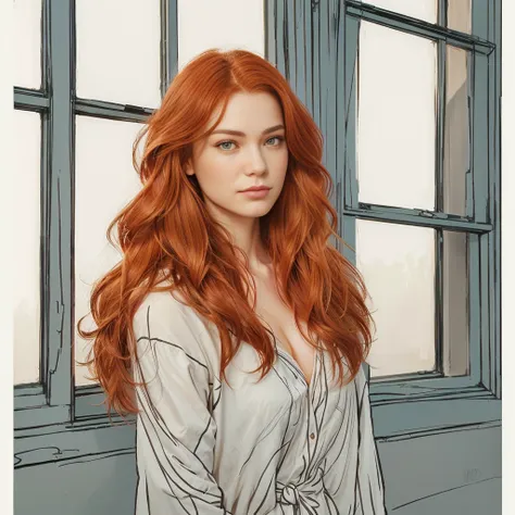 a close up of a woman with red hair standing in front of a window, moebius + artgerm, style of charlie bowater, in style of charlie bowater, portrait of jean grey, phil noto and james jean, shallan davar, phil noto, phil noto comic art, phil noto and rebec...