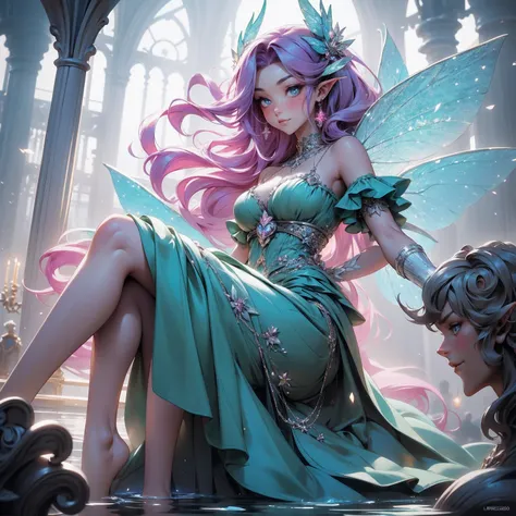 (Absurd, high quality, ultra -compared, careful with the hand) fairy, fairy wings, dreamer body, vivid, romantic and all. Optimistic face, just lies, without entry and intellectual. Green dress. Reckless style, sweet and passion, Gray eyes, cute (eyes of t...