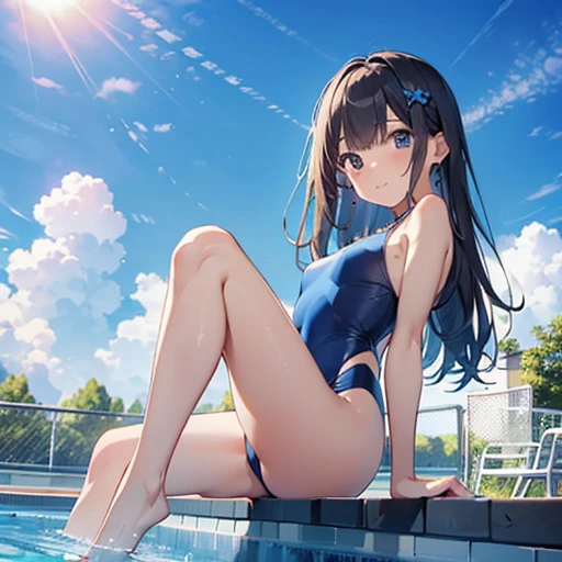 ((4ｋ、8ｋ、highest quality、Perfect Fingers：1.3、Perfect Anatomy：1.3、Blur the background))、Two people、((Primary school students、8-year-old、Small breasts、Cute droopy eyes、Straight Long Hair、Slender))、Laughter、（Three-color decoration、One piece swimsuit）、An angle ...