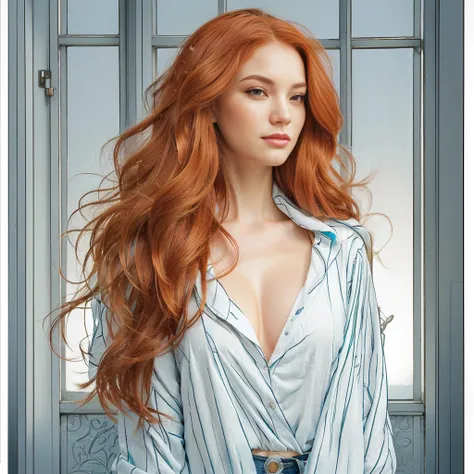 a close up of a woman with long red hair standing in front of a window, shallan davar, moebius + artgerm, portrait of jean grey, j. scott campbell, jean grey, full color illustration, j scott campbell, phil noto and rebecca guay, frank cho, red haired godd...