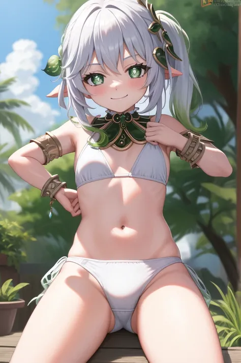 masterpiece, 4K, best quality, FELute, necklace, bracers, cowboy shot, looking at viewer, smirk, swimsuit, white bikini, (((12 yo)))