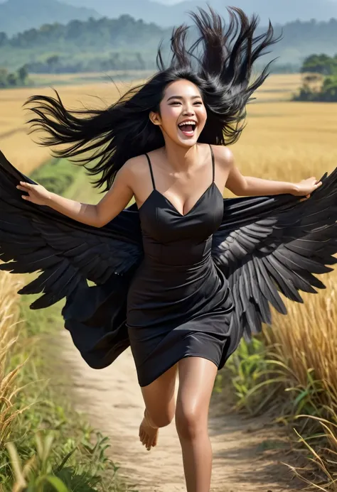 beautiful Indonesian girl with big breasts, long black hair, wearing a black dress, flying in the air with big black wings, flying in the air enthusiastically while laughing out loud looking at the camera, her hair is blowing in the wind and looks flutteri...