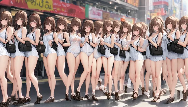 A crowd of clone girls wearing sleeveless white underwears, sleeveless White tank top underwear,sleeveless White camisole underwear, White panties underwear,leather shoes and shoulder bags commuting to work,Everyone in the same underwear,multiple clone gir...