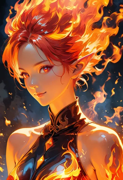 ((half body portrait of a fire elf)), red flowing hair, shiny red eyes,( medium length pointy ears),orange fire around, flaming ...