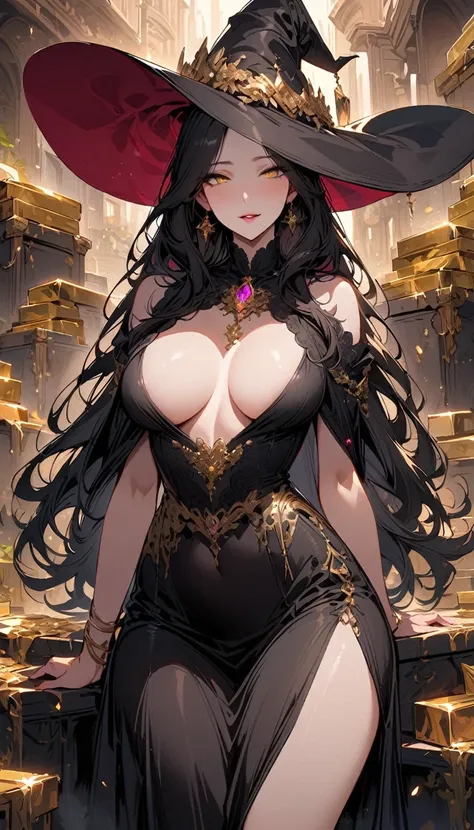 Masterpiece, very detailed, ultra detailed, one, (1 woman), she is in a simple witchs black dress with gold details, detailed witch hat and in an elegant position, super mature, tall, mom, mature mother, long hair, straight hair, super black hair, beautifu...