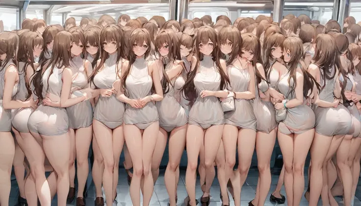 A crowd of clone girls wearing sleeveless white underwears, sleeveless White tank top underwear,sleeveless White camisole underwear, White panties underwear,leather shoes and shoulder bags commuting to work,Everyone in the same underwear,multiple clone gir...