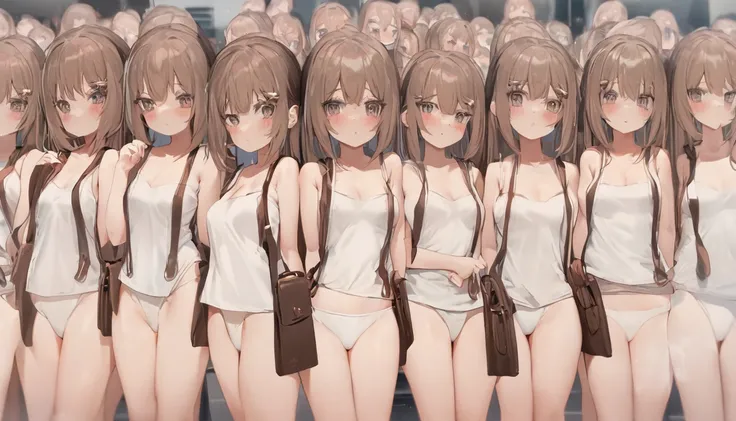 A crowd of clone girls wearing sleeveless white underwears, sleeveless White tank top underwear,sleeveless White camisole underwear, White panties underwear,leather shoes and shoulder bags commuting to work,Everyone in the same underwear,multiple clone gir...