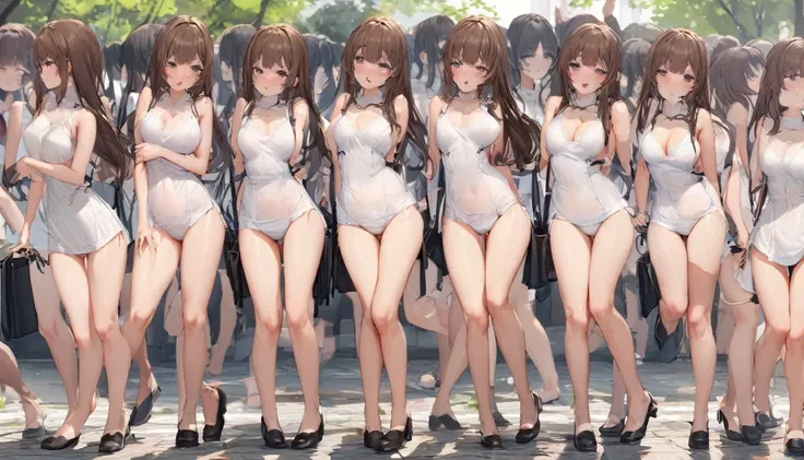 A crowd of clone girls wearing sleeveless white underwears, sleeveless White tank top underwear,sleeveless White camisole underwear, White panties underwear,leather shoes and shoulder bags commuting to work,Everyone in the same underwear,multiple clone gir...