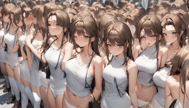 A crowd of clone girls wearing sleeveless white underwears, sleeveless White tank top underwear,sleeveless White camisole underwear, White panties underwear,leather shoes and shoulder bags commuting to work,Everyone in the same underwear,multiple clone gir...