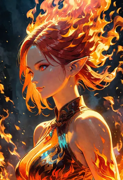 ((complete body image of a fire elf)), q standing elf, red flowing hair, shiny red eyes,( medium length pointy ears),orange fire...