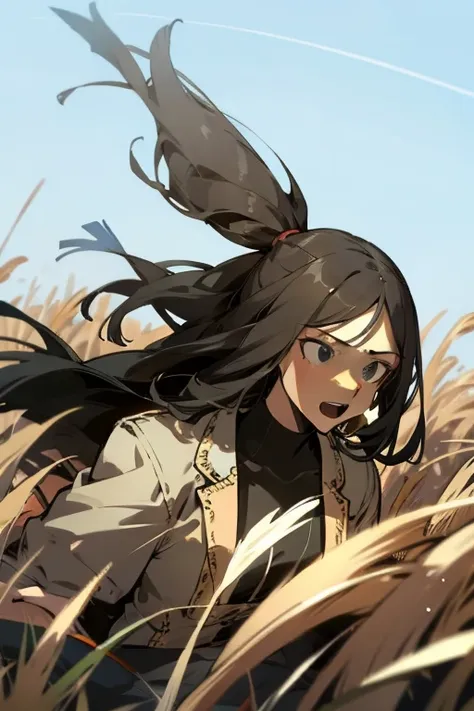 woman in a field with expression of determination