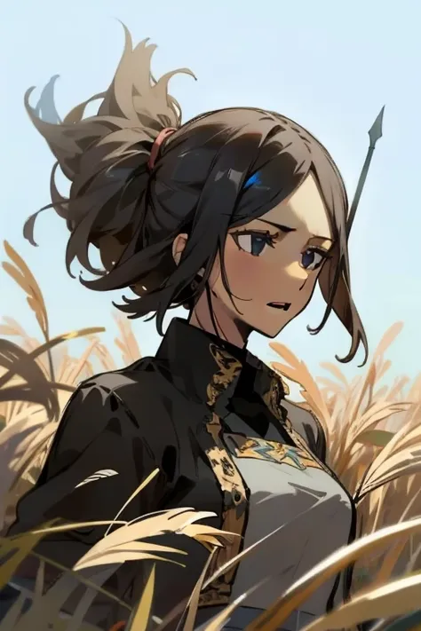 woman in a field with expression of determination