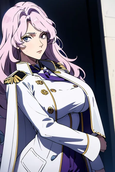 masterpiece, best quality,charlotte, (white long coat), coat on shoulders,white navy soldier uniform ,(epaulettes), purple shirt...