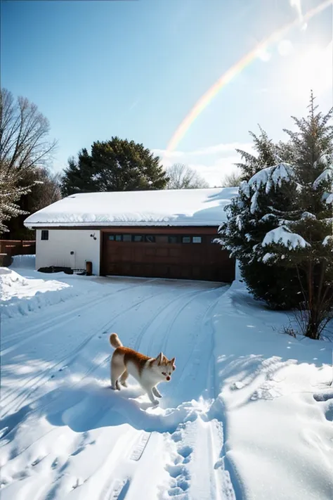 landscape photo of snowing winter, garage house , ultra low angle, running white shiba-inu, lot of trees, lomography, cloudless ...