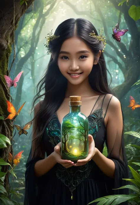 Magical forest scene with a 19 year old Indonesian teenage girl with a beautiful face, medium long hair, super oversize breasts, wearing a long black dress with an intricate design, facing forward with a smile, and a transparent glass bottle emitting mist ...