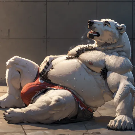 Overweight polar bear、Polar bear fur、Lying down pose、Belly rubbing pose、Both hands touching the belly、Fat-filled abdomen、Profile of face、Side view、Extremely large bulging crotch underwear、Male genitalia outline、Lots of pubic hair、Very long armpit hair、Thic...