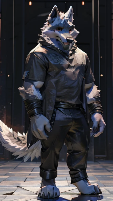 (masterpiece, best quality:1.2), death wolf, furry, he wears a black t-shirt with a gray vest with red spikes on the shoulders and black pants, using a Dor-15 bowler hat, full body image