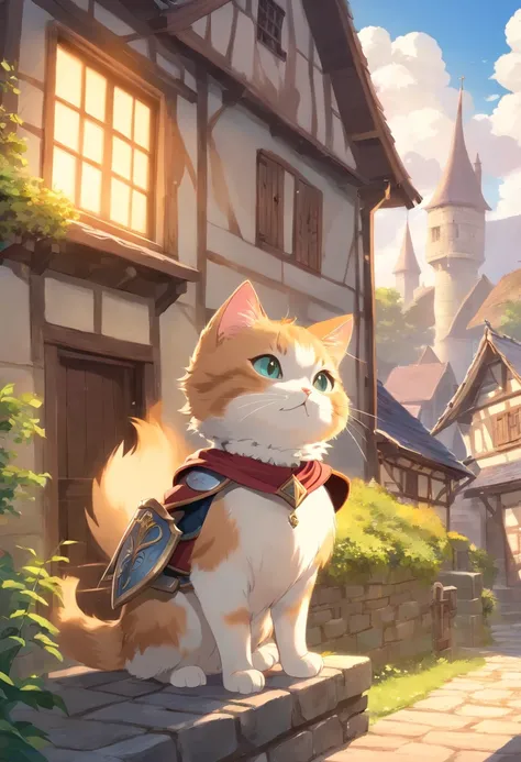 A munchkin cat dressed as a knight casts a powerful spell on top of a house in a small medieval village