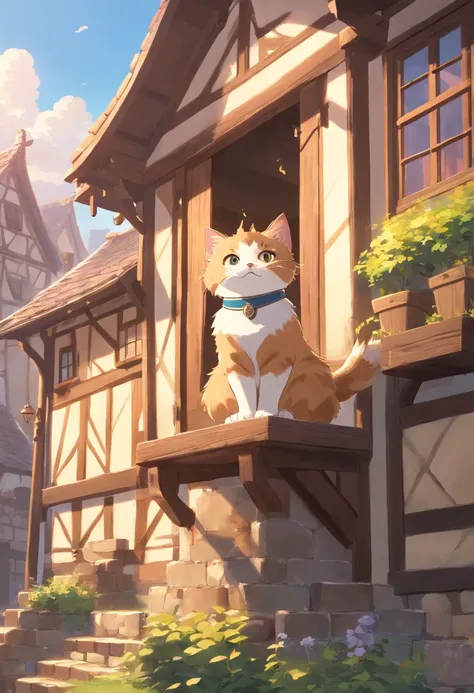 A munchkin cat dressed as a knight casts a powerful spell on top of a house in a small medieval village