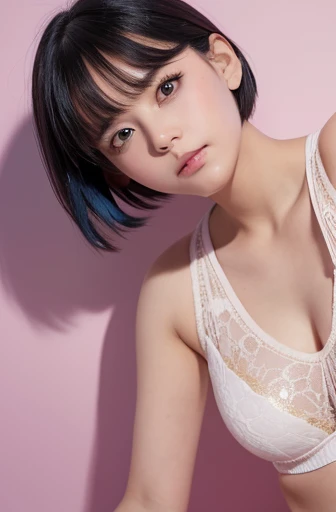 perfect detailed,masterpiece,photographic 8k,short hair,black hair,{thick eyeblows},Single,tsurime:1.2,small hoobs,pink ,blue scart,Cross your arms,standing,From below,white panty,20s,background:highschool,evening,gold effect,