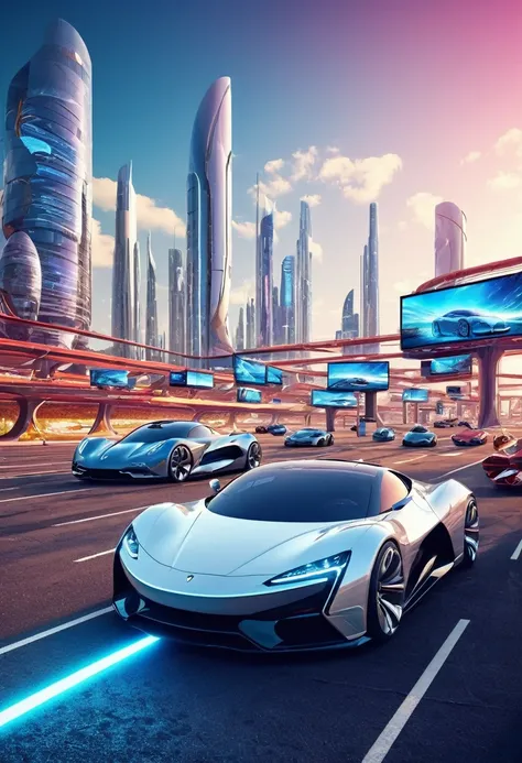 surreal landscape, technological city with billboards, futuristic sports cars,