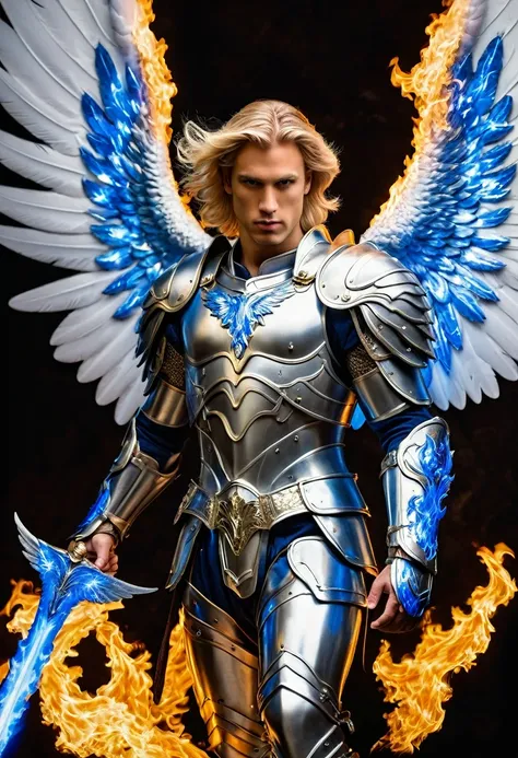 Masterpiece, best quality, archangel michael, 30 year old Caucasian blonde man with medium hair, (iron armor and white wings with blue flaming flames),