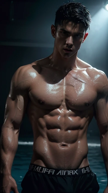 beautiful athletic wet shirtless male, chiseled six pack abs, wet black see-through underwear, highly detailed, hyper realistic, 8k, photorealistic, cinematic lighting, moody dramatic lighting, dramatic shadows, glistening wet skin, veiny muscular physique...