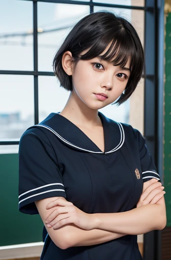 perfect detailed,masterpiece,photographic,8k photo,best quality,short hair,black hair,{thick eyeblows},Single,tsurime:1.2,normal face,japanese,female small hoobs,Sailor suit ,blue scart,Cross your arms,standing,evening,classroom,fullbody