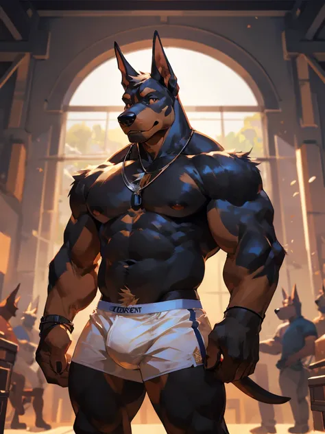 Solo, male, medium muscular, dobermann, dog, black dobermann, in white underwear, underwear, in sexy view, ((focus body, furry focus)), by darkgem, by mystikfox61