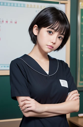 perfect detailed,masterpiece,photographic,8k photo,best quality,short hair,black hair,{thick eyeblows},Single:1.3,tsurime:1.4,normal face,japanese,female small hoobs,Sailor suit ,blue scart,Cross your arms,standing,evening,classroom,fullbody,